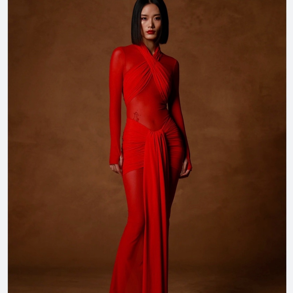 Bronx and Banco Red Sheer Long-Sleeve Draped Gown